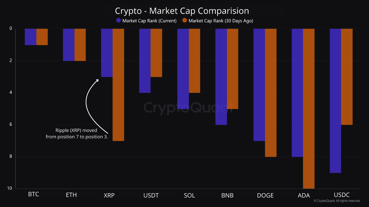 Ripple (XRP) Market Cap Rank moved from position 7 to seat 3 🎯 | 크립토퀀트