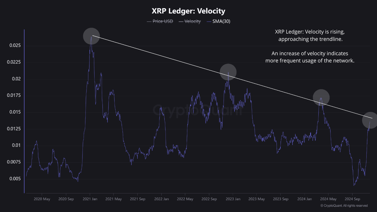 XRP Ledger: Velocity is rising, approaching the trendline. | 크립토퀀트